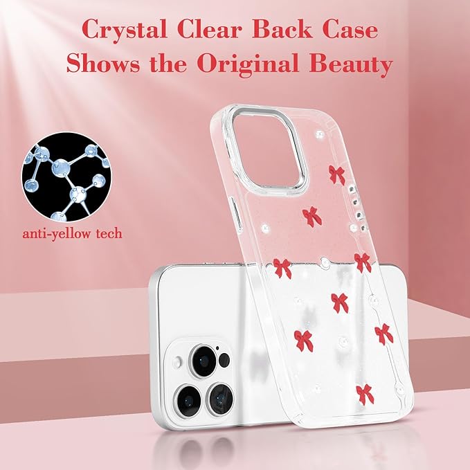 EYZUTAK Case for iPhone 14 Pro Max, Bling Glitter 3D Bowknot Phone Case Cute Sparkly Crystal Clear Bow Aesthetic Design Case Slim Soft Durable TPU Transparent Protective Cover for Women Girl-Red Bow