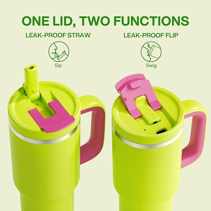 40 oz Tumbler with Handle and Straw: Stainless Steel Insulated Tumbler Keeps Cold for 24 Hours, Leakproof Travel Cup Fits in Cup Holder and BPA-Free, Acid Green
