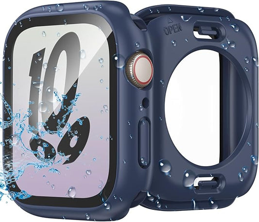 3 in 1 Waterproof Case for Apple Watch Screen Protector 45mm Series 9 8 7 Accessories Built-in Tempered Glass Film,Front and Back PC Hard Bumper 360° Protective Face Cover for iWatch 45mm