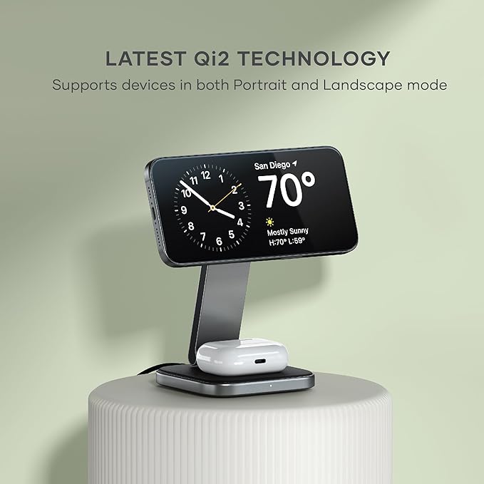 Satechi 2 in 1 Wireless Charger, Qi2 15W Dual Wireless Charger Stand, Magnetic, Foldable Travel Charger Station for iPhone 16/15/14/13/12, and AirPods Pro/3/2