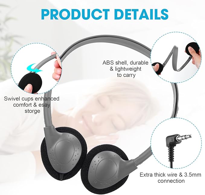 Konohan 30 Pack Kids Headphones Bulk for School Classroom Student Wired Headphones Adjustable with 3.5 mm Jack for Kids Adults(Grey)