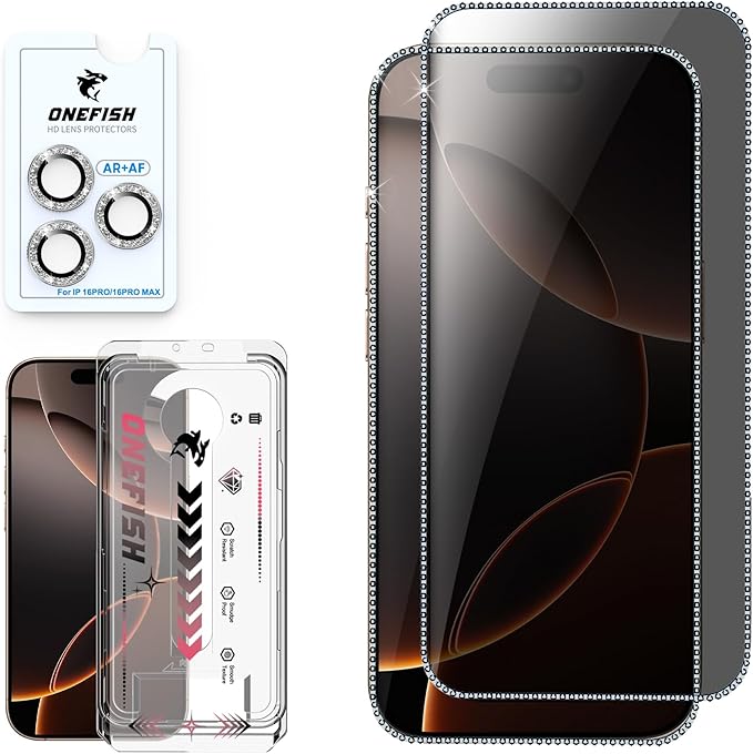 OneFish Women Fashion Privacy Screen Protector for iPhone 15 Pro Max [6.7 inch]+ Camera Lens Protector, Sparkling Diamond Bling Edge 9H Tempered High-Definition Glass