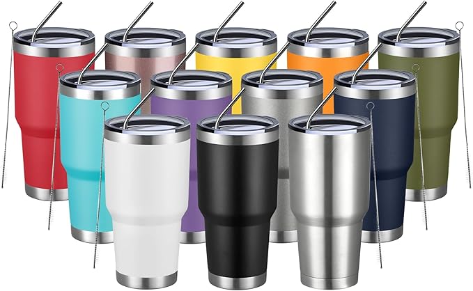 MEWAY 30oz Insulated Tumbler With Lids and Straws,Stainless Steel Double Vacuum Coffee Tumbler Cup, Brush, Durable Powder Coated Coffee Cup for Cold & Hot Drinks, Office, Travel(mixture,12 PACK)