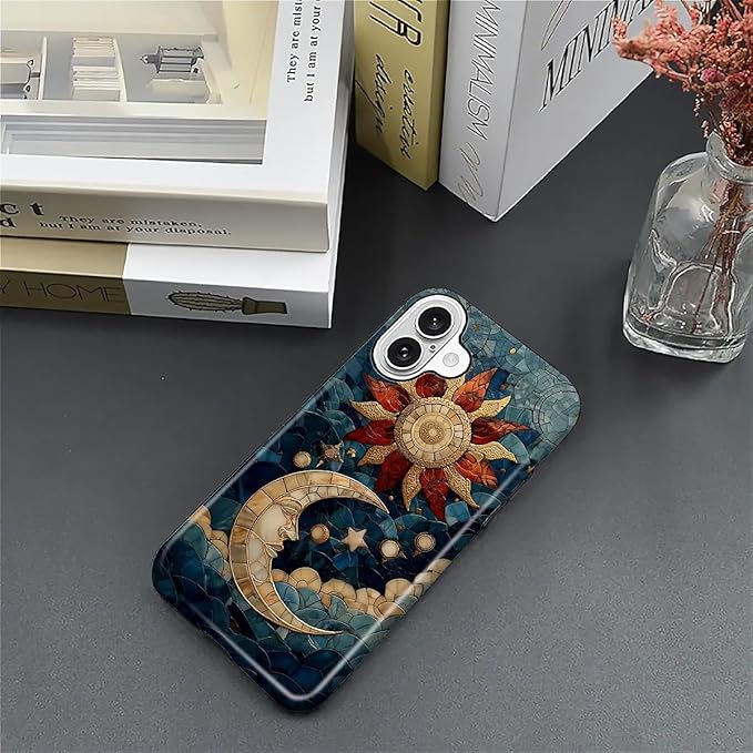 Case for iPhone 16 Plus Case,Sun Moon Stars Faux Stained Glass Design Hybrid Dual Protection Silicone + Hard PC Shockproof Full Body Cover Slim Anti-Scratch Protective Case for Men Women