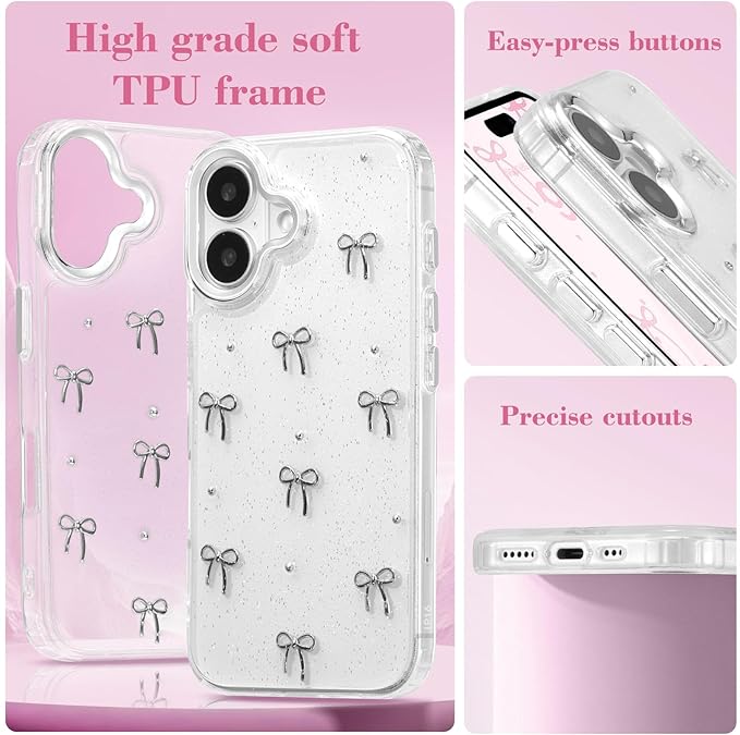 EYZUTAK Case for iPhone 16 Plus, Bling Glitter 3D Bowknot Phone Case Cute Sparkly Crystal Clear Bow Aesthetic Design Case Slim Soft Durable TPU Transparent Protective Cover for Women Girls - Bow