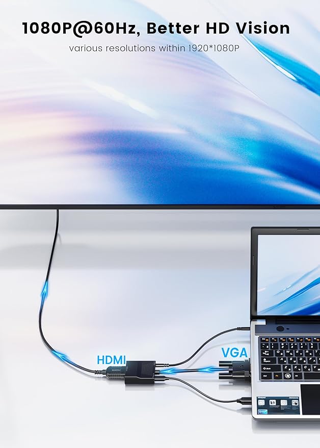 FOINNEX VGA to HDMI Adapter, 1080P Converter with USB Audio from Old Computer/Laptop/Desktop/PC VGA Source to HDMI HDTV/Monitor/Projector/Displayer, 0.33FT