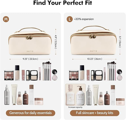 Prite Makeup Bag for Women Travel Waterproof Vegan Leather Cosmetic Bag Open Flat Toiletry Bag With Clear Divider and Handle (Large Beige)