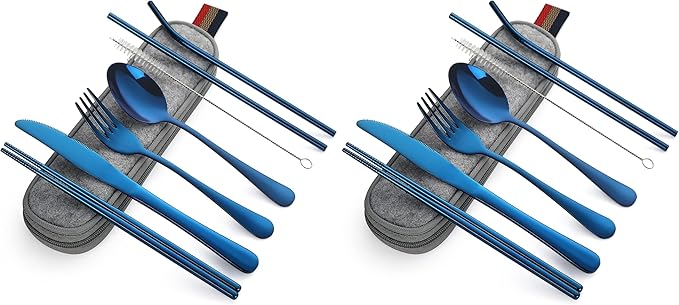 DEVICO Portable Utensils, Travel Camping Cutlery Set, 8-Piece including Knife Fork Spoon Chopsticks Cleaning Brush Straws Portable Case, Stainless Steel Flatware set (Blue) (Pack of 2)
