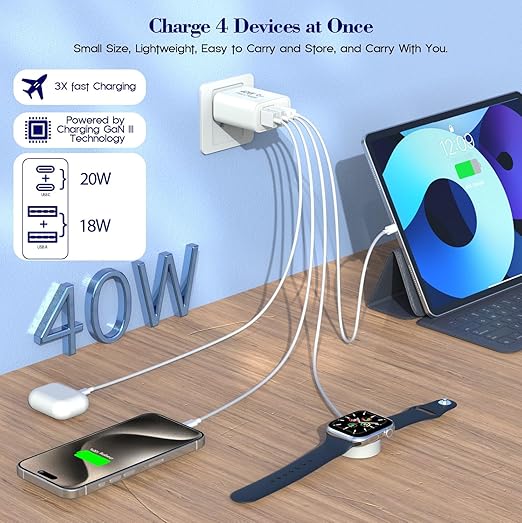 40W iPhone 16 15 Charger Block Fast Charging, 2-Pack USB C Wall Charger, 4-Port Fast USB Wall Adapter PD+QC Multiport Block Cube for iPhone 16/16 Pro/15/14/13/12/11/Pro Max/XS/XR, iPad 12.9