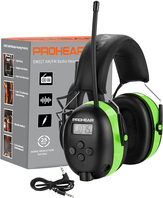 PROHEAR 027 AM FM Radio Headphones with Digital Display, 25dB NRR, Safety Ear Protection Earmuffs for Mowing, Snowblowing, Construction, Work Shops - Green