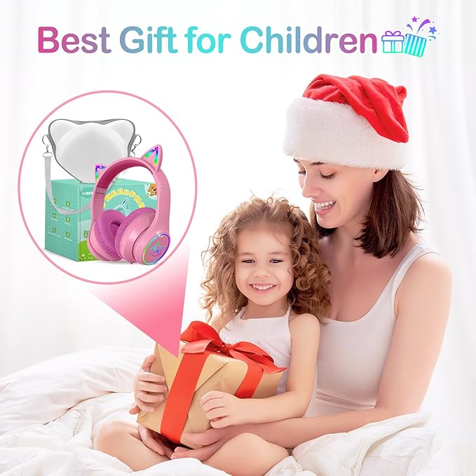 LOBKIN Bluetooth 5.4 Kids Headphones with Case - RGB LED Light Up Cat Ears Foldable Adjustable Over Ear Headphone Support Wireless or 3.5mm Wired Mode for Toddler & Girls & Boys Teens