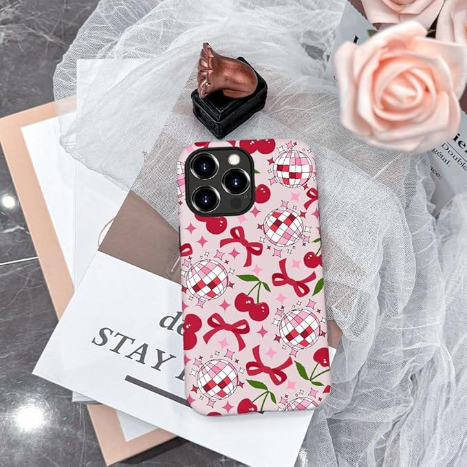 DAIZAG Case Compatible with for iPhone 16 Pro Max,Cute Pink Cherry Disco Ribbon Star Phone Case for iPhone 16 Pro Max for Girl Women Boy Men