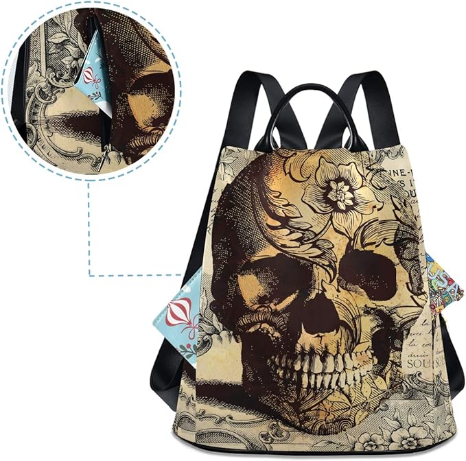 ALAZA Skull Floral Tatto Halloween Backpack Purse for Women Anti Theft Fashion Back Pack Shoulder Bag