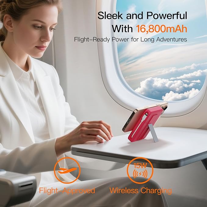 2025 Magnetic Battery Pack 16800mAh Mobile Power Bank, Portable Charger with Foldable Stand and Built-in Cable, 20W USB-C Fast Charging, Suitable for iPhone 17/16/15/14/13/12 Series