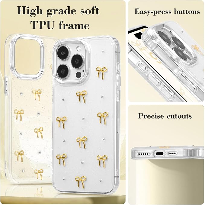 EYZUTAK Case for iPhone 15 Pro, Bling Glitter 3D Bowknot Phone Case Cute Sparkly Crystal Clear Bow Aesthetic Design Case Slim Soft Durable TPU Transparent Protective Cover for Women Girls - Gold Bow