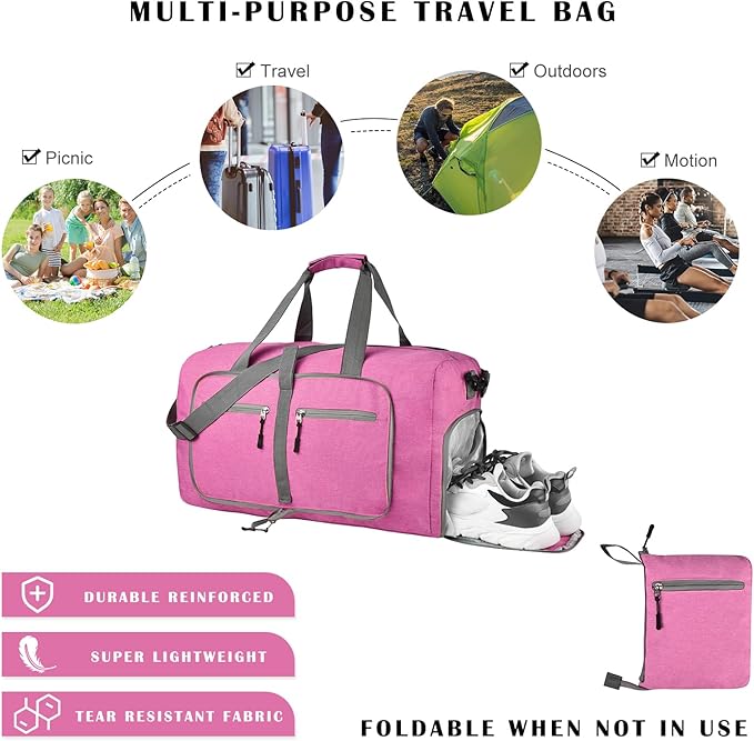 Dimayar 65L Travel Duffle Bag for Men Women - Foldable Duffel Bag with Shoes Compartment - Overnight Bags Waterproof & Tear Resistant(Rouge Pink)