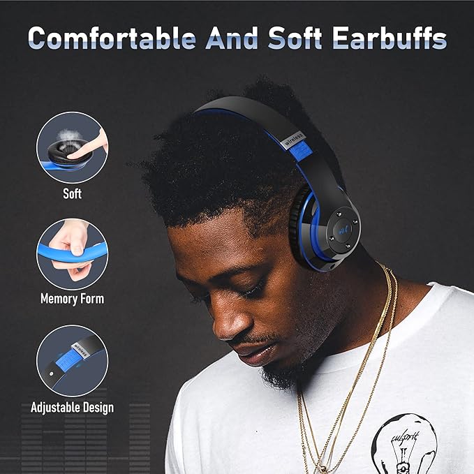 Bluetooth Headphones Over Ear, 6S Foldable Wireless Headphones with 6 EQ Modes, 40 Hours Playtime HiFi Stereo Headset with Mic, Soft Ear Pads, TF/FM for Cellphone/PC/Home (Black & Blue)