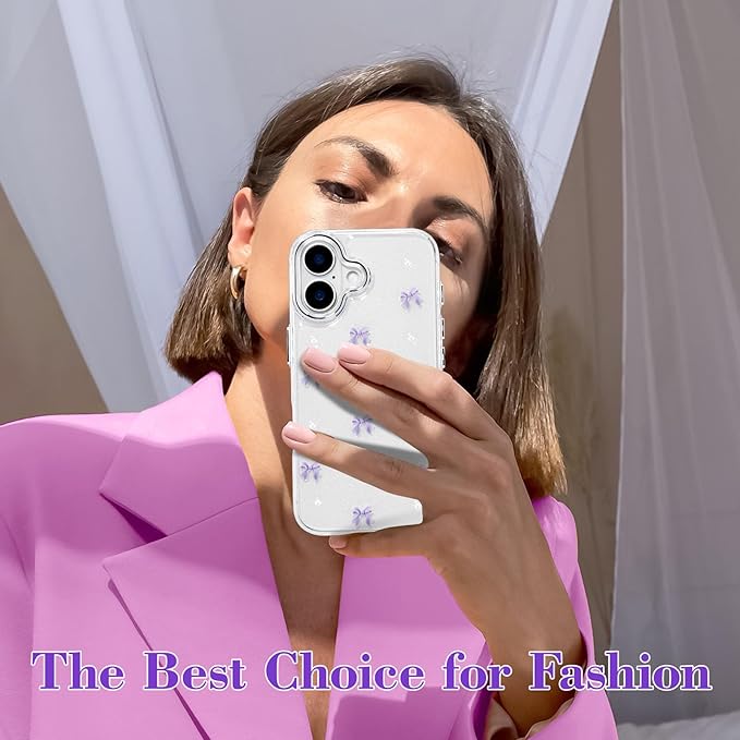 EYZUTAK Case for iPhone 16 Plus, Bling Glitter 3D Bowknot Phone Case Cute Sparkly Crystal Clear Bow Aesthetic Design Case Slim Soft Durable TPU Transparent Protective Cover for Women Girl - Purple Bow