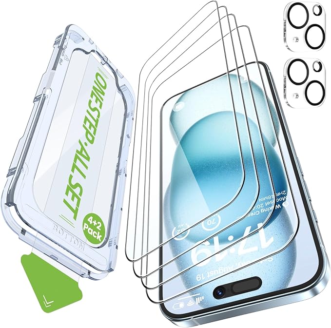 iGluz 4 Pack for iPhone 15 Screen Protector with 2-Pack Camera Lens Protector[99.99% HD Clear][9H Tempered Glass][Bubble Free][Easy Installation][Smooth Touch][Anti-fingerprint],4+2 Dual Protection