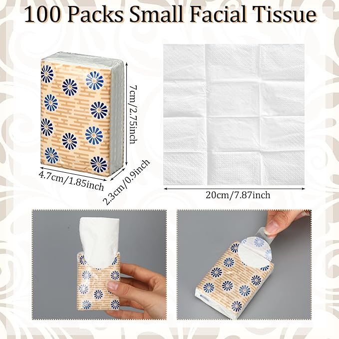 Therwen 100 Pack Pocket Tissues Travel Packs Bulk 1000 Sheet Mini Tissues Bulk 3 Ply Small Travel Size Paper Individual Pocket Size (Flower)