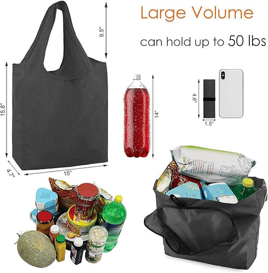 BeeGreen Black and Grey Reusable Grocery Bags Bulk 10 Packs, Kitchen Reusable Shopping Bags 50LBS Large, Machine Washable Durable, Easily Foldable in a Storage Bag