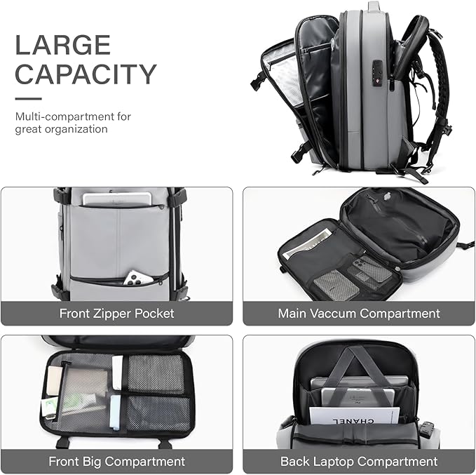 Travel Backpack with Vacuum System,60L Expandable Vacuum Backpack Travel with TSA Lock,17.3 inch Laptop Backpacks Vacpack Backpacks with Vacuum(Grey,External Air Pump)