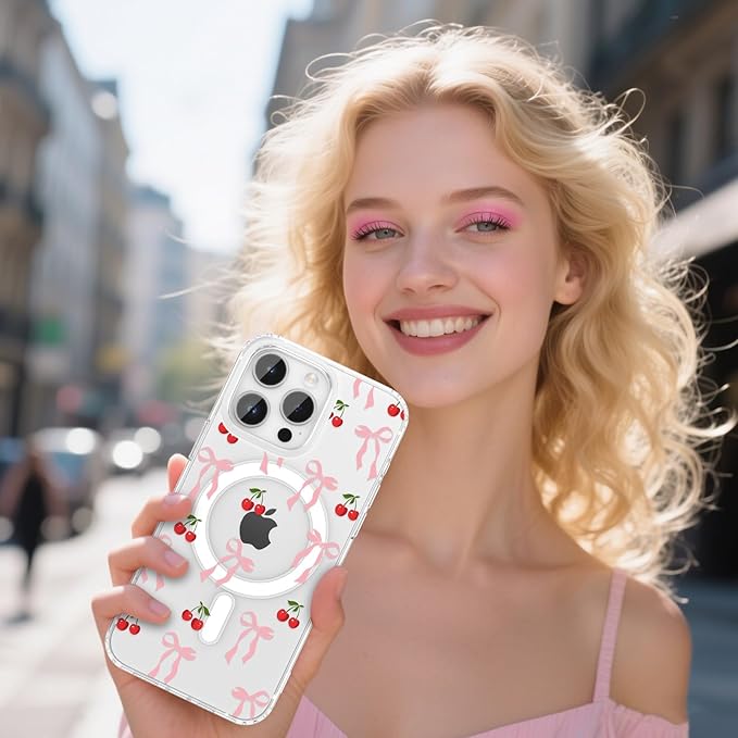 ZTOFERA for iPhone 14 Pro Magnetic Case Clear,Cute Love Heart Ribbon Bow Tie Aesthetic Phone Case,Transparent Trendy Slim Soft Shockproof Protective Phone Cover for Women Girls,Peach Pink