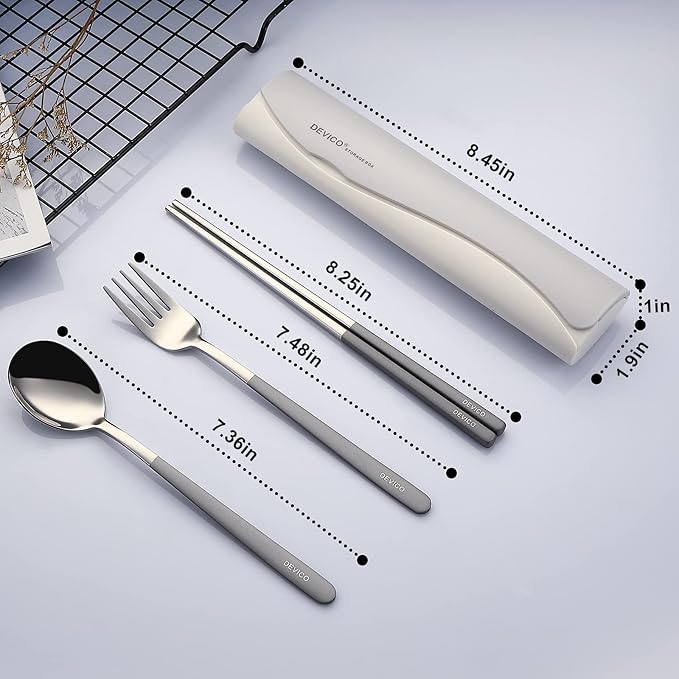 DEVICO Portable Travel Utensils with Case, Reusable Camping Silverware for Lunch, 18/8 Stainless Steel Cutlery Set (Gray)