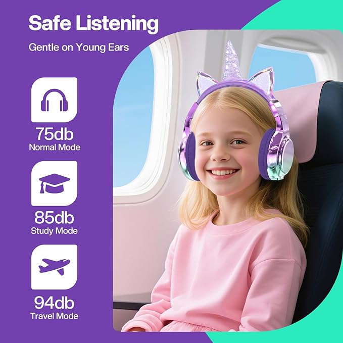 QearFun Kids Unicorn Bluetooth Headphones, 60H Playtime, 74/85/94dB Safe Volume Limit, Metallic Gradient Wireless Headset with Mic, Fast Charging, Foldable, Wired Mode for Girls School/Tablet/Travel