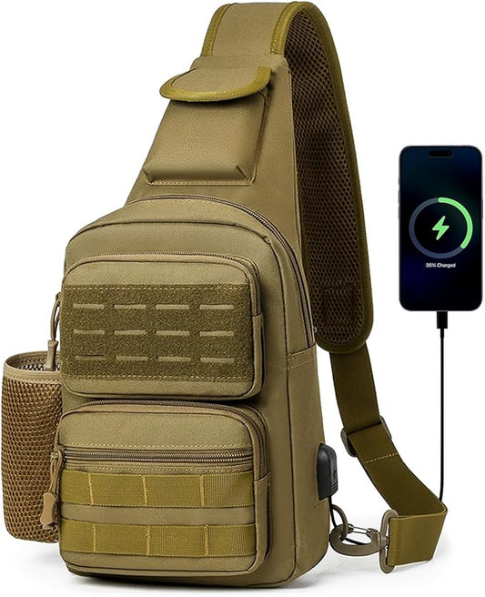 HUNTVP Tactical Sling Bag Crossbody Bag for Men Women EDC Shoulder Bags Molle Sling Backpack Chest Pack for Hiking Hunting Travelling Camping (Type3-Brown)