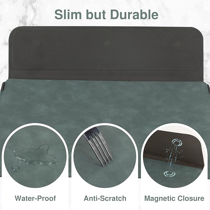 Allinside 13-14 Inch Laptop Sleeve Case for MacBook Pro 14" 2021-2024/MacBook Air 13" 2010-2017/MacBook Pro 13" 2010-2015, Waterproof PU Leather Sleeve Cover with Stand & Accessory Pouch, Dark Green