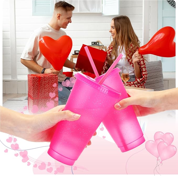 Honeydak 60 Pack Tumbler with Straw and Lid Bulk Glitter Plastic Cups Water Bottle Iced Coffee Travel Mug Reusable Party Favor Cups for Birthdays travel 24-27 oz (Hot Pink)