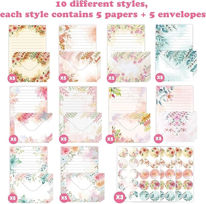 160 Pcs Stationery Paper Envelopes Set Includes 50 Lined Writing Paper & 50 Envelopes with 60 Colorful Round Dot Stickers, Cute Vintage Floral Letter Writing and Stationery Paper Envelopes(10Style)
