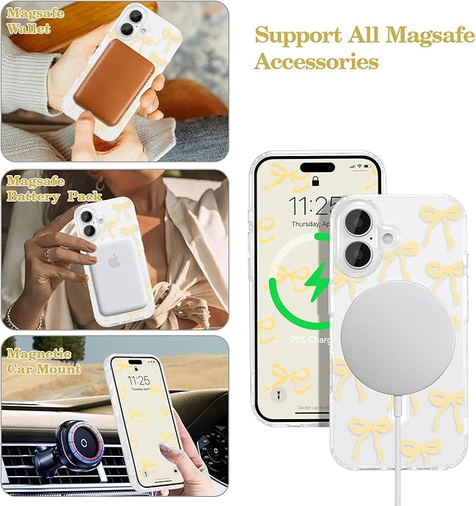 UEEBAI Magnetic for iPhone 16 Plus Case, Bow Case Compatible with MagSafe, Wireless Slim Clear Ribbon Aesthetic Phone Cover Anti-Yellowing Shockproof Protective Cover for Women Girl - Yellow