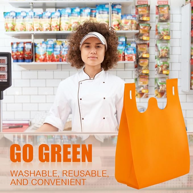 Windyun Large Grocery T-shirt Bags Bulk Reusable Non Woven Shopping Bag Foldable Gift Tote with Handle, 21x11x6 Inch