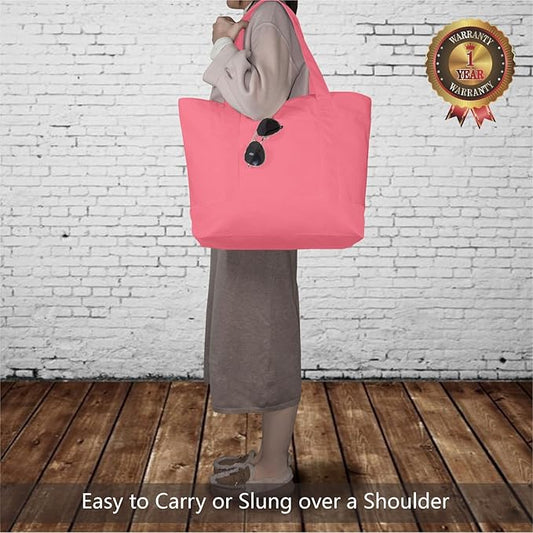 TOPDesign 1-Pack Canvas Tote Bag with an External Pocket, Reusable Grocery Shopping Bag, Top Zipper Closure, Daily Essentials (Rose Pink)