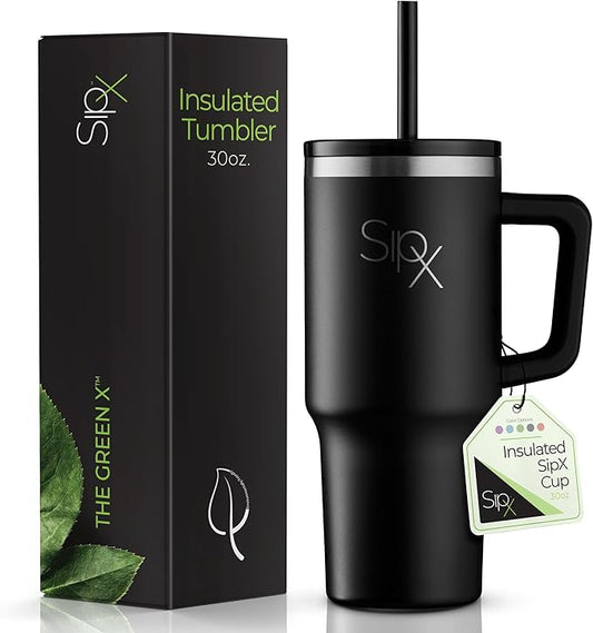 SIPX™ Insulated Tumbler With Lid And Straw, 30oz. Tumbler With Handle Keeps Cold 12 Hours, Water Bottle Thermos With Lid, BPA-Free Reusable Insulated Coffee Tumblers, Travel Mug Great For Beach Party