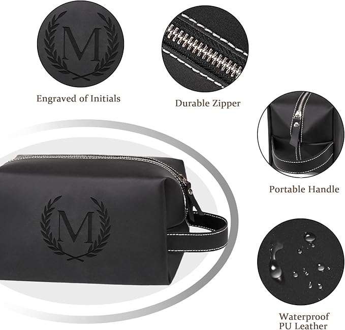 Personalized Gifts Travel Toiletry Bag for Men Engraved Initial PU Leather Waterproof Shaving Bag for Toiletries Accessories Fathers Day Birthday Gift for Men Dad Husband Son, Black H
