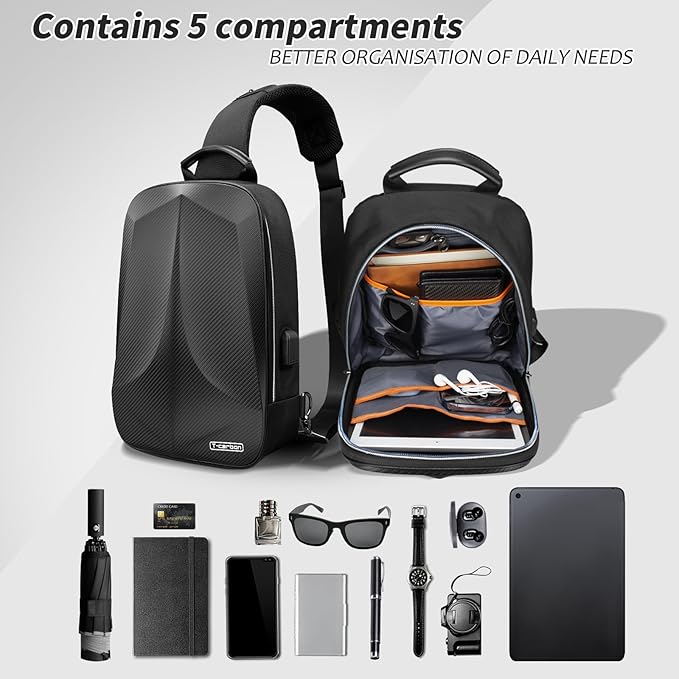 T-carbon Anti-Theft Crossbody Bag for Men,Travel Sling Bag Real Carbon fiber Hard Shell,Single Strap Backpack with USB and Reset Lock for Hiking Traveling Sporting Cycling Daily