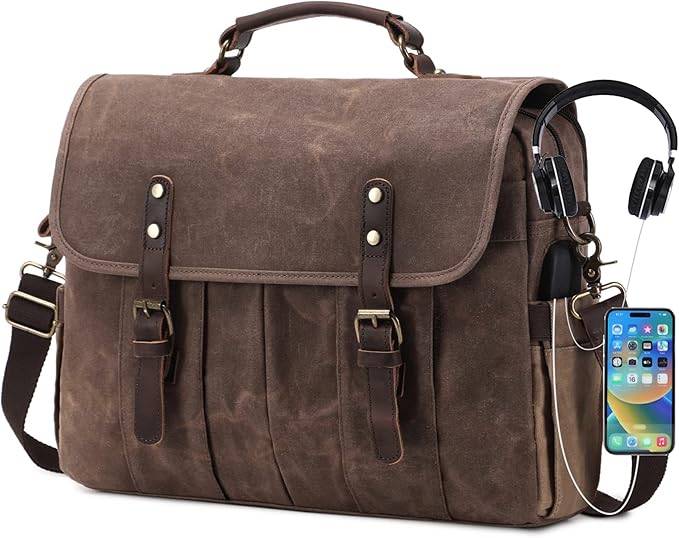 Messenger Bag for Men 15.6 Inch Vintage Canvas Genuine Leather Briefcase for Men Laptop Bag Satchel Shoulder Bag
