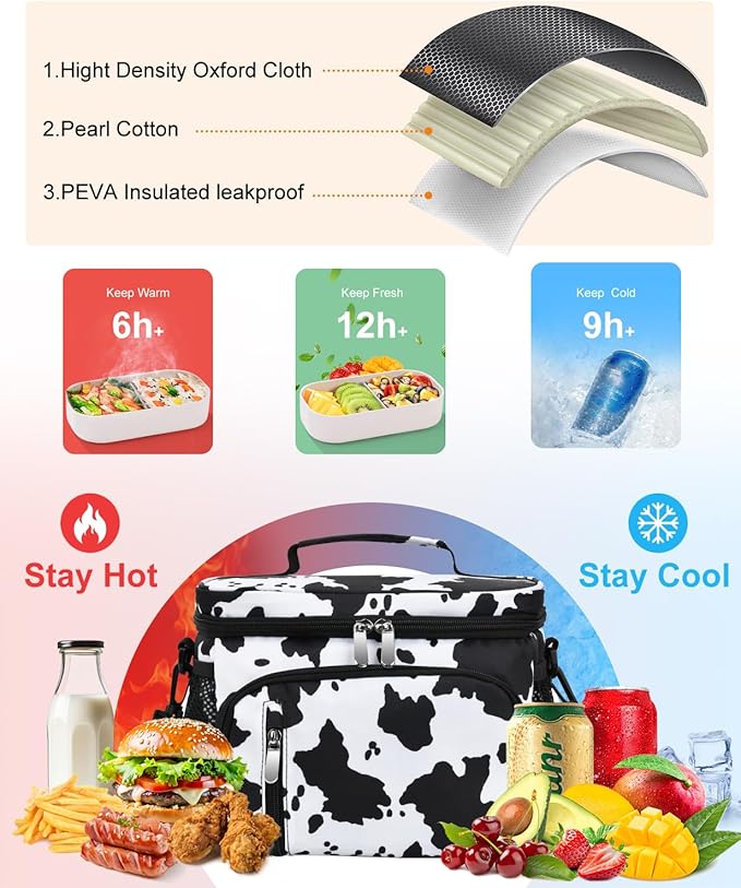 Insulated Lunch Bag for Men & Women - Leakproof Lunch Box Soft Cooler Tote, Adjustable Strap, Reusable Lunch Box for Work Office Picnic Beach Travel-Cow Print