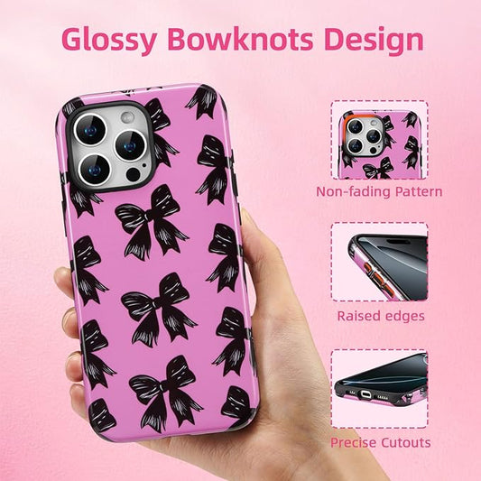 QLTYPRI Case for iPhone 15 Pro Max, Aesthetic Black Ribbon Bow Phone Case for Girls Women, Protective Hybrid 2-Layer Hard Shell Silicone Cover Durable Shockproof Phone Cover - Rose Red