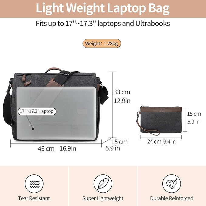 Nerlion Messenger Bag for Men 17-17.3 Inch Laptop Bag Canvas Water-resistant Computer Bag Shoulder Bag Work Briefcase Bookbag for College (Dark Gray)