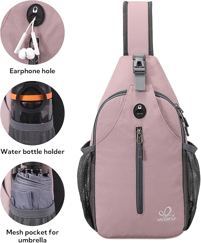WATERFLY Crossbody Sling Backpack Sling Bag Travel Hiking Chest Bag Daypack (Pink)