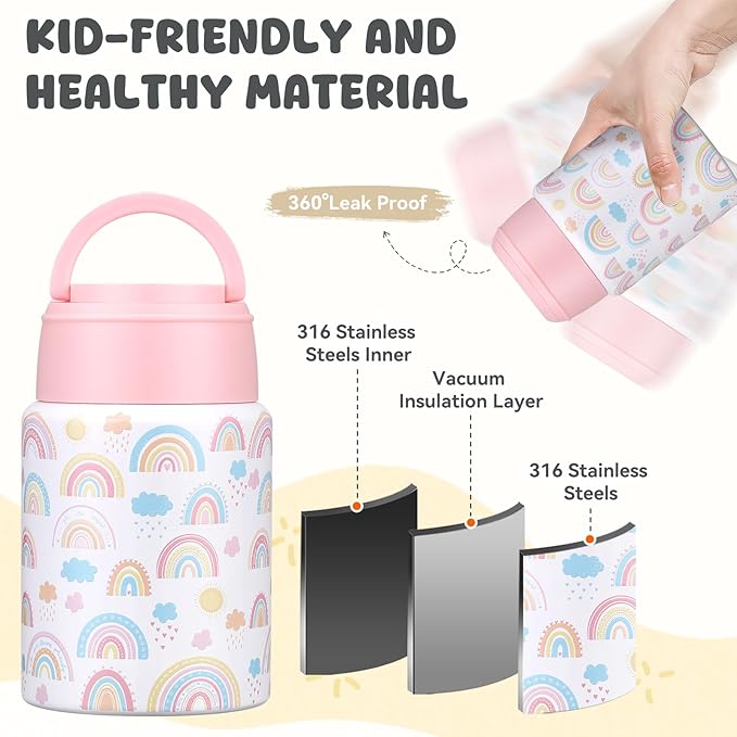 17oz Soup Thermo for Hot Food Kids Insulated Food Jar,Thermo Hot Food Lunch Container, Width Mouth Stainless Steel Lunch Box for Kids with Handle Folding Spoon(White - Little Rainbow)