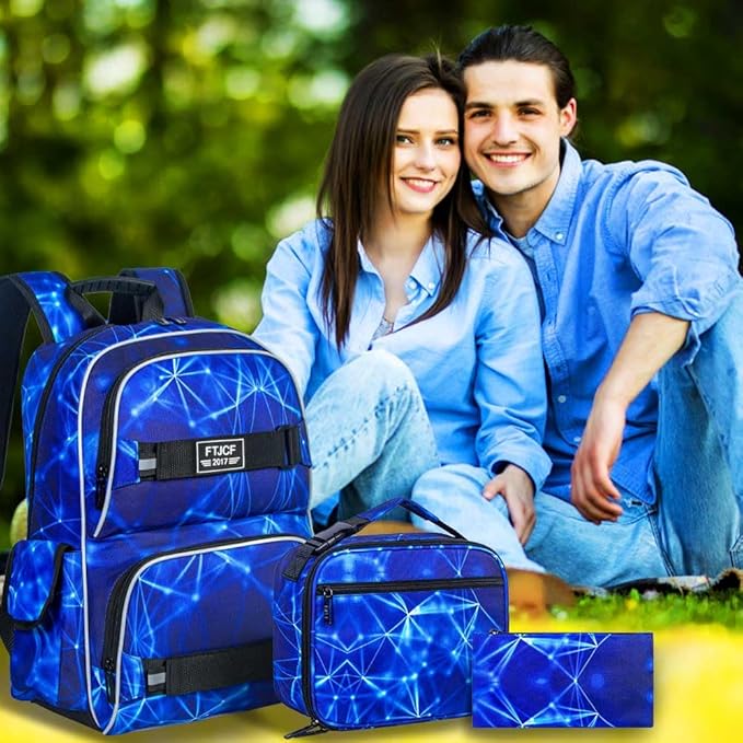 Laptop Backpack, 17 Inch School Bag College Bookbag with Lunch Bag Set, Water Resistant Aurora Backpacks for Teens Boys Man Students (Blue)