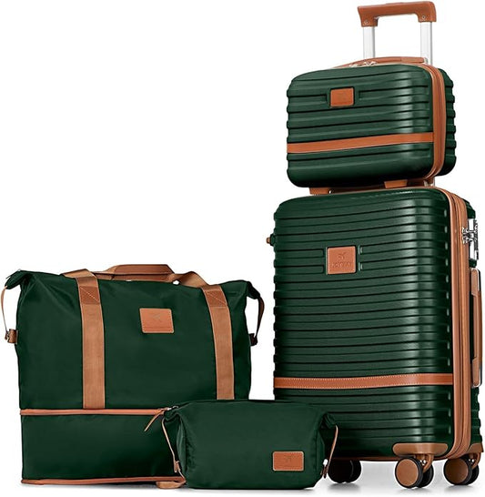 Joyway Carry On Luggage 20 Inch Expandable Suitcase with Spinner Wheel, 4 Piece Hard Shell Luggage Set with TSA Lock(Green brown)