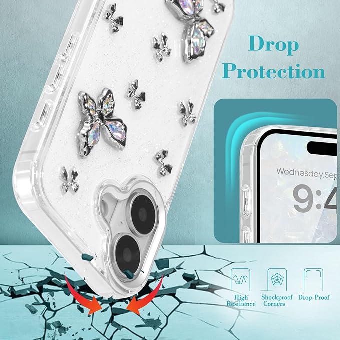 EYZUTAK Case for iPhone 17, Bling Glitter 3D Butterflies Bowknot Phone Case Cute Crystal Clear Bow Aesthetic Cover Slim Soft Durable TPU Transparent Protective Cover for Women Girls - Butterfly