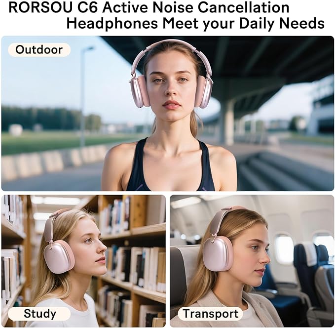 RORSOU C6 Active Noise Cancelling Headphones, Wireless Over Ear Bluetooth Headphones, 60H Playtime, Lightweight Folding Deep Bass Comfort Fit Ear Cups Headset with Mic for iPad/PC/Home Rose Gold