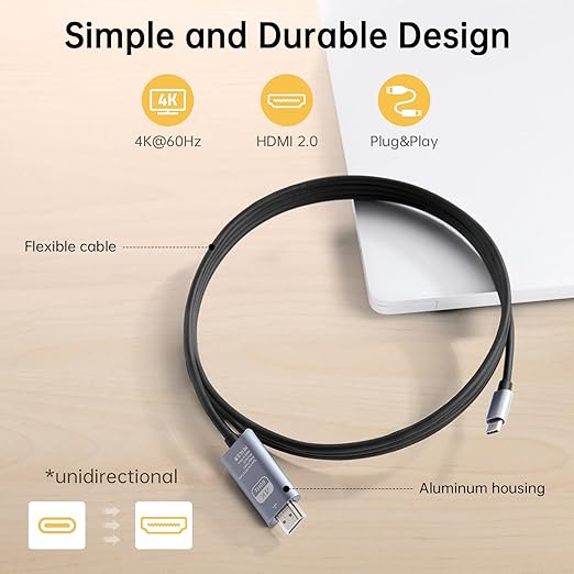 USB C to HDMI Cable 6.6FT, 4K@60Hz USB 3.1 Type C to HDMI Adapter Cord, Thunderbolt 3/4 Compatible for MacBook Pro/Air, iPad Pro, Galaxy S24/S23, Dell XPS, Chromebook, Surface and More